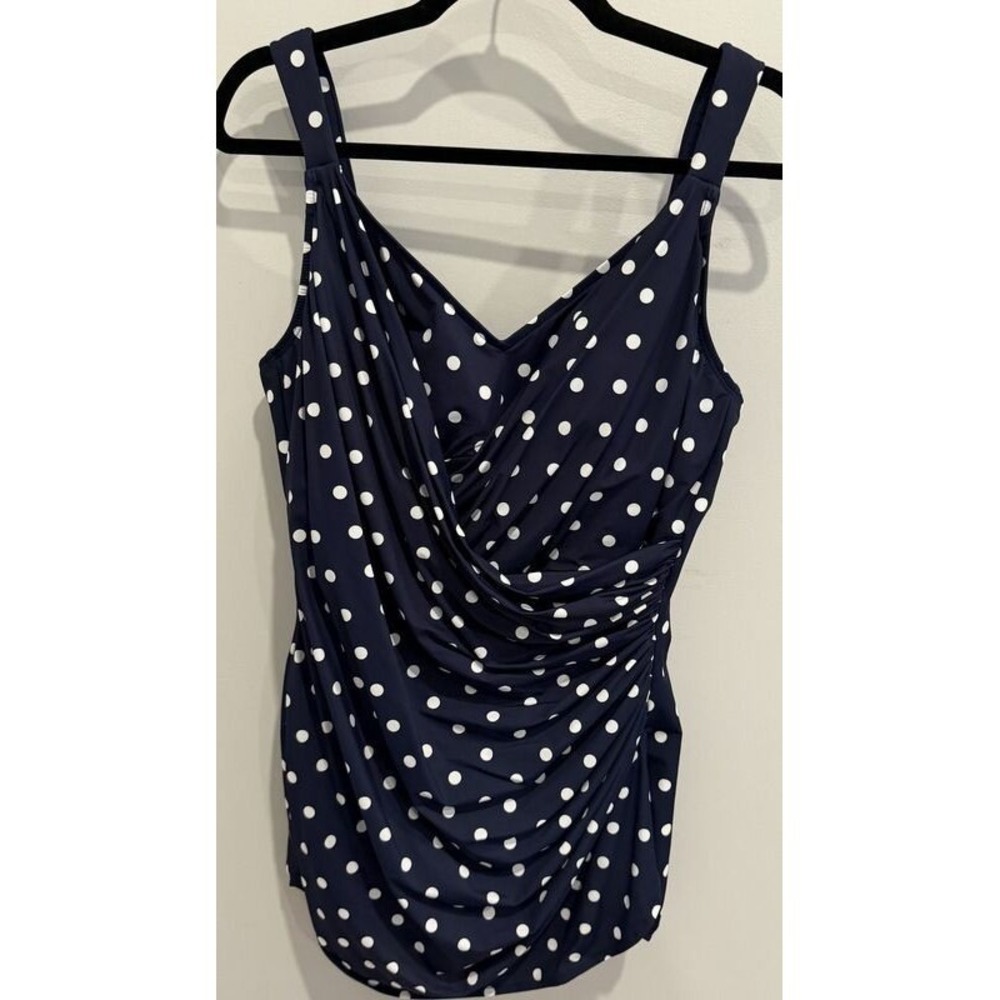 Lands End SlenderSuit Tummy Control Skirted One Piece Swimsuit Navy Dot 18